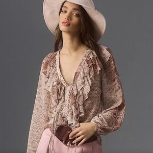 Anthropologie‎ Ruffled Animal Print Textured Mauve Blouse Size Small
